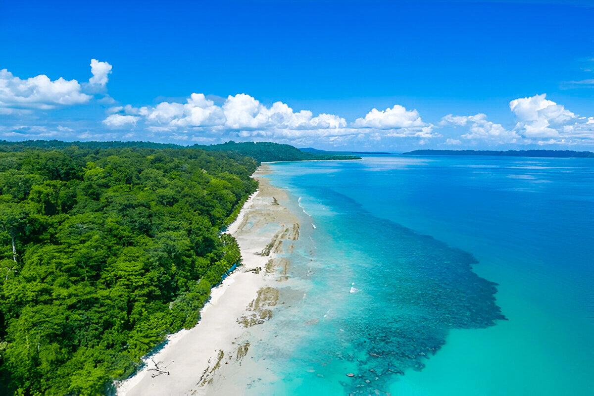 Aerial coastline of the Andaman Islands with turquoise water