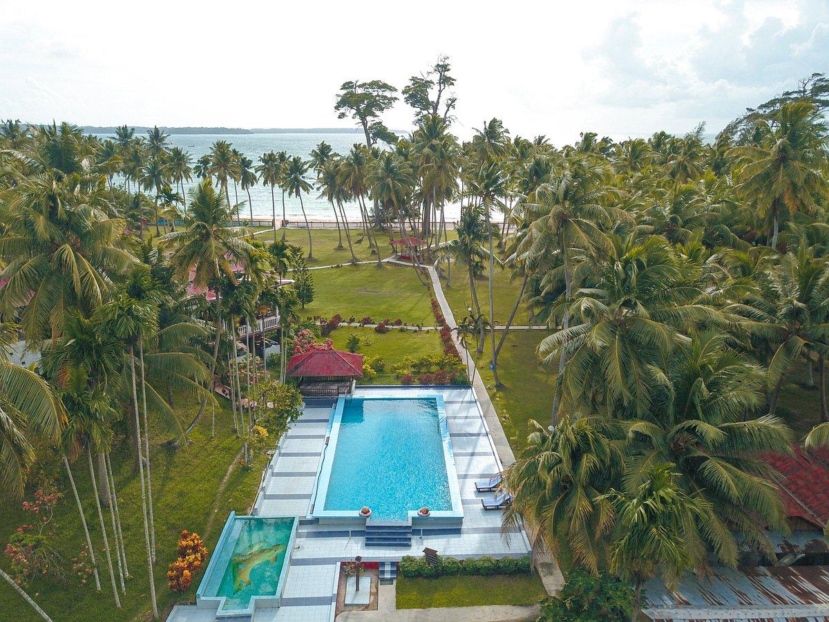 Beachfront resort with pool surrounded by palm trees in the Andaman Islands